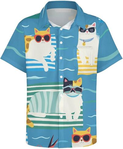 Cute Cat Mens Hawaiian Shirts Funny Cat Print Short Sleeve Aloha Beach Shirt Summer Button Down Shirt in Saudi Arabia
