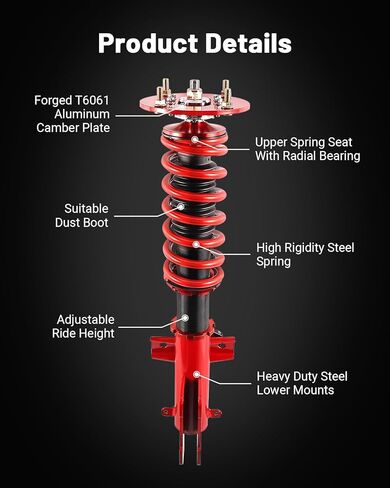 كويلوفيرس إينيرجي متوافقة مع فورد موستانج 2005-2014، طقم تعليق كويلوفيرس، طقم خفض الارتفاع قابل للتعديل، صدمات كويلوفر مزدوجة الأنبوب لركوب مريح، أحمر in Kuwait