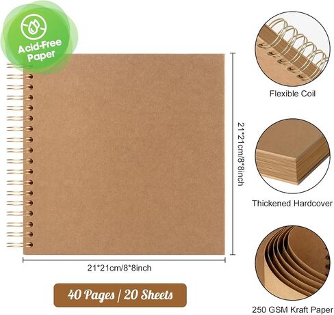AIOR Scrapbook 8x8 Inch DIY Scrapbook Album 40 Pages Hardcover Thick Kraft Paper Blank Scrapbook, Spiral Scrapbook Photo Albums for Couple Baby Anniversary Wedding Family Gifts in Kuwait