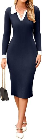 Simplee المرأة طويلة الأكمام سترة ميدي فستان الخامس الرقبة عادية سليم صالح Bodycon متماسكة مضلع الشق فستان طويل لخريف شتاء in Kuwait