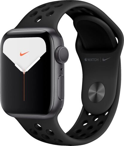 Apple Watch Nike Series 5 (نظام تحديد المواقع العالمي (GPS)، مقاس 44 ملم) هيكل من الألومنيوم باللون الرمادي الفلكي مع حزام Nike الرياضي بلون فحمي/أسود (تم تجديده) in Kuwait