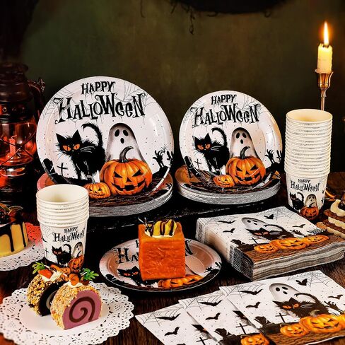 122 Pcs Halloween Party Plates Cups and Napkins Halloween Tableware Party Supplies Set for 24 Guest Disposable Ghost Pumpkin Paper Plates for Halloween Trick or Treat favor(Halloween Pattern) in Kuwait