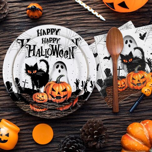 122 Pcs Halloween Party Plates Cups and Napkins Halloween Tableware Party Supplies Set for 24 Guest Disposable Ghost Pumpkin Paper Plates for Halloween Trick or Treat favor(Halloween Pattern) in Kuwait