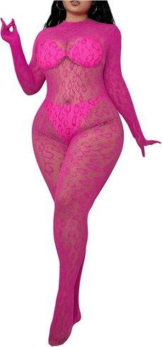 Floerns Women's Plus Size Leopard Print Long Sleeve Mesh Sheer Backless Lingerie Bodysuit in Saudi Arabia