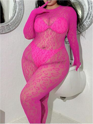 Floerns Women's Plus Size Leopard Print Long Sleeve Mesh Sheer Backless Lingerie Bodysuit in Saudi Arabia