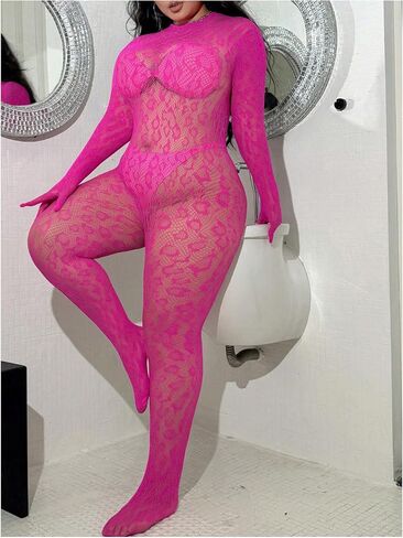 Floerns Women's Plus Size Leopard Print Long Sleeve Mesh Sheer Backless Lingerie Bodysuit in Saudi Arabia