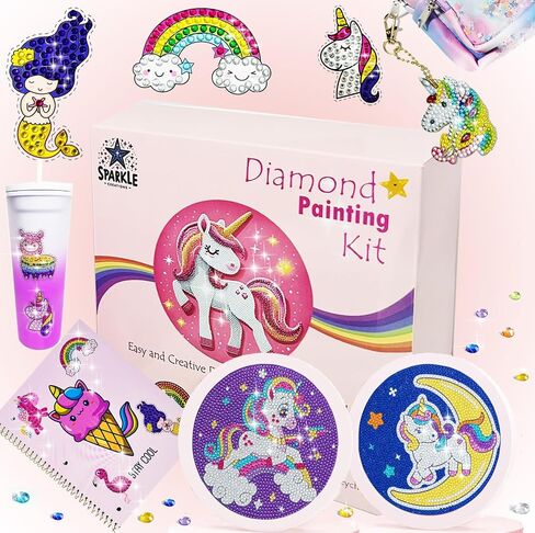 Diamond Painting Gem Art Kit for Kids, Unicorn Theme, Gift for Girls, Includes 2 Framed Canvas Arts, 5 Keychains, and 8 Diamond Stickers. (Twinkle & Crystal) in Saudi Arabia