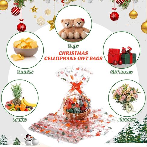 MIMIND 12 Pieces Christmas Large Basket Bags Clear Cellophane Bags 20 x 28 Inch Red Green Basket Bags Clear Thickened Gift Cookie Bags with Red Green Twist Ties, Bows Ribbon for Christmas Gift Baskets in Saudi Arabia