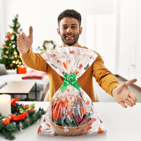 MIMIND 12 Pieces Christmas Large Basket Bags Clear Cellophane Bags 20 x 28 Inch Red Green Basket Bags Clear Thickened Gift Cookie Bags with Red Green Twist Ties, Bows Ribbon for Christmas Gift Baskets in Saudi Arabia