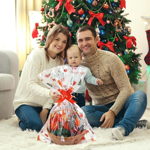 MIMIND 12 Pieces Christmas Large Basket Bags Clear Cellophane Bags 20 x 28 Inch Red Green Basket Bags Clear Thickened Gift Cookie Bags with Red Green Twist Ties, Bows Ribbon for Christmas Gift Baskets in Saudi Arabia