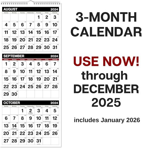 Dunwell 3-Month Wall Calendar 2025-2026 (Blue), Large Monthly Hanging Calendar with Big Grid Numbers, Easy to Read Large Print, Use Now to Dec 2026, For Office or Home, 11x26 Open, Ships Folded in Saudi Arabia