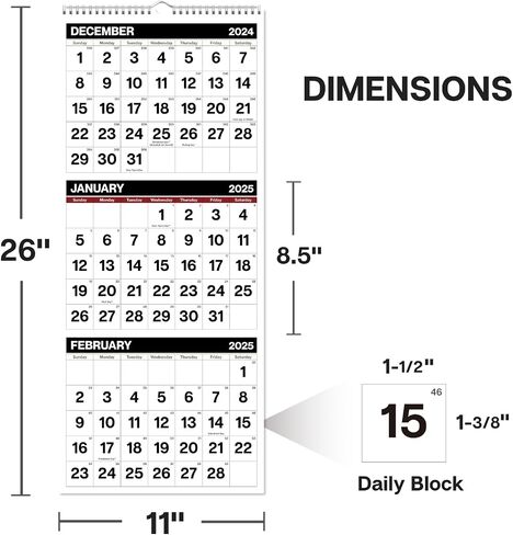 Dunwell 3-Month Wall Calendar 2025-2026 (Blue), Large Monthly Hanging Calendar with Big Grid Numbers, Easy to Read Large Print, Use Now to Dec 2026, For Office or Home, 11x26 Open, Ships Folded in Saudi Arabia