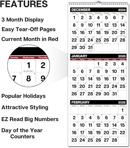 Dunwell 3-Month Wall Calendar 2025-2026 (Blue), Large Monthly Hanging Calendar with Big Grid Numbers, Easy to Read Large Print, Use Now to Dec 2026, For Office or Home, 11x26 Open, Ships Folded in Saudi Arabia