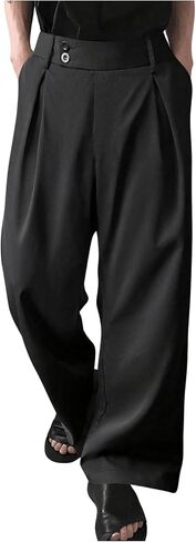 OYOANGLE Men's Pleated High Waist Wide Leg Pants Loose Fit Casual Pants with Pocket in Kuwait