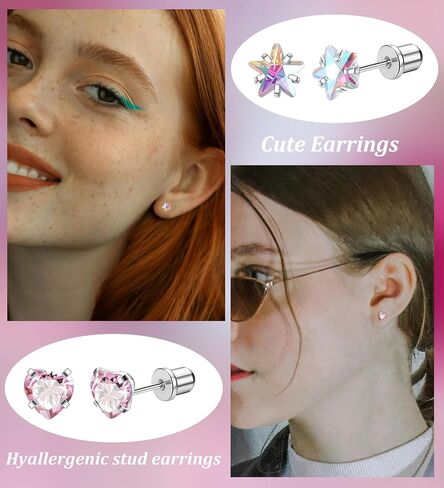 Staligue 5 Pairs Titanium Earrings for Sensitive Ears Hypoallergenic Screw Back Earrings for Girls Women Opal Pearl Heart Star CZ 20G Pure Titanium Screw On Earrings in Kuwait
