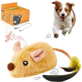 Interactive Dog Toys - with LED Lights, Moving Automatic Chirping Mouse Toy Squeaky with Feather Tail, for All Breeds Dog Indoor/Outdoor Boredom Exercise, USB Rechargeable (Yellow)