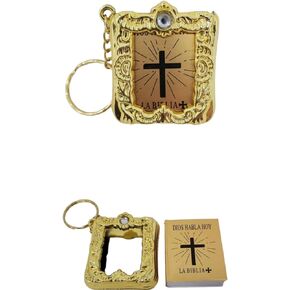 CL Gift 12 x Mini Bible Keychain English Spanish Gold Silver Holy Bible Religious Favor/Baptism Favor/First Communions, Baptism, Wedding Shower (Spanish (Gold))