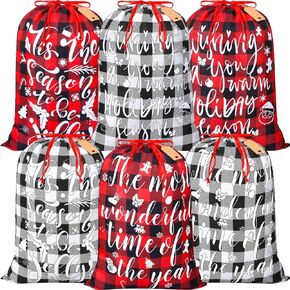 6 Pcs 20 x 28 In Christmas Buffalo Plaid Drawstring Bags with Tags Large Xmas Wrapping Bags Reusable Christmas Fabric Bags for Christmas Party Supplies(Black, Red, Green, White)
