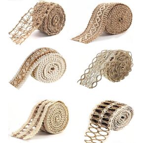 VstarOne 6 Rolls Jute Ribbon Fabric Ribbon Burlap Lace Ribbons 6 Styles Jute Ribbons Total 12 Meters for Party Decor Crafts Lace Craft Ribbon Burlap Wraping Gifts Party Holiday and Wedding Decorations
