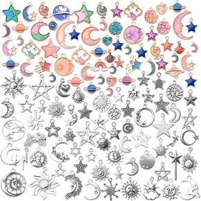 120pcs Celestial Charms Pendants, Mixed Antique Silver Sun Stars Moon Charm Pendant,Enamel Moon Star Cat Charms Pendants for DIY Earrings Necklace Jewelry Making Crafts
