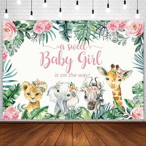 Ayayiya Safari Baby Shower Backdrop A Sweet Baby Girl is On The Way Jungle Safari Animals Baby Shower Party Decorations Wild One Baby Shower Greenery Photography Background Cake Table Banner 7x5ft
