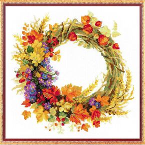 RIOLIS - Wreath with Wheat 1537, Floral Cross Stitch Kits 11.75"x11.75", Cross Stitch Kits for Beginners & Advanced, Crossstitching Kits Adult, Counted Stitching Kits, Flowers Embroidery Kit