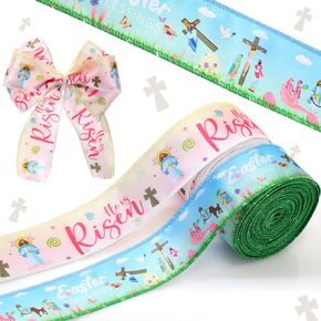 Tigeen 2 Rolls 20 Yards Easter Ribbon Wired Edge Ribbons 1.5 Inch Watercolor He is Risen Theme Burlap Ribbon for Easter Spring Birthday Party Decorations DIY Craft Supplies