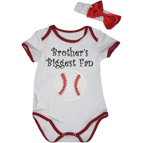 Petitebella Brother's Biggest Fan Baseball White Red Baby Bodysuit Nb-18m