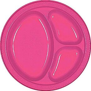Amscan Bright Pink 3-Compartment Plastic Plates - 10" (10 Packs of 20) - Vibrant & Convenient Party Plates for All Occasions - 200 Pc.