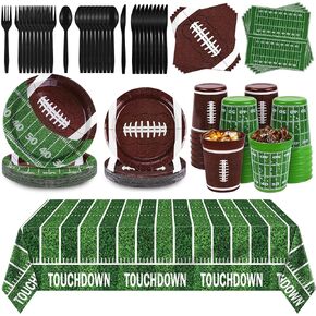 durony 169 Pcs Football Party Supplies Kit for 24 People Football Theme Party Decorations Includes Plates Napkins Plastic Cups Cutlery and Tablecloth for Super Bowl Party Decoration