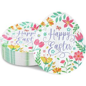 Easter Paper Plates 50 pcs Easter Egg Shaped Disposable Plates with Spring Flowers Easter Paper Dessert Plates for kids Easter Holiday Spring Party Plates Disposable Easter Egg Plates 9.2 X 8.2 inch