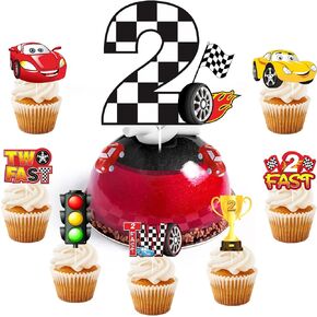 36pcs Race Car Two Fast Birthday Cake Topper Decorations for Baby Boys, Racing Car Theme 2nd Birthday Cupcake Toppers Party Supplies, 2 Year Old Let’s Go Racing Cupcake Picks Decor