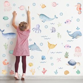 Ocean Animal Wall Decals,Under The Sea Whales Wall Decal Stickers,Under The Sea Wall Decals,Removable Fish Under Sea View Animals Peel and Sticks Wall Art Decor