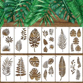 12 Pieces Tropical Fern Leaf Painting Stencils Large Reusable Palm Turtle Leaf Wall Stencil Flexible Botanical Leaves Template Set Crafts for Furniture Canvas Wood Plank (6 x 12 Inches)
