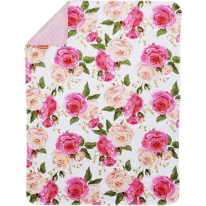 Dear Baby Gear Floral Deluxe Baby Blanket - Reversible Minky, Milestone & Newborn Gifts for Girls and Boys - Blue Watercolor Roses on White, White Minky, White Ruffles, 43 x 33 Inches