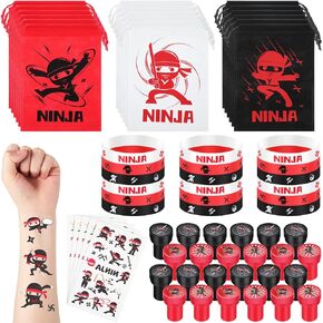 65 Pcs Ninja Party Favors Bags Ninja Silicone Wristbands Bracelet Ninja Temporary Tattoos Stickers Ninjas Stampers Drawstring Bags for Warrior Ninja Birthday Party Supplies Ninja Party Decorations