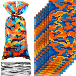 100 Pieces Dart Battle War Party Supplies Birthday Party Bags Camo Candy Goodie Bags Treat Bags Orange Blue Camouflage for Kids Boys Adults Target Battle Birthday Party Favor