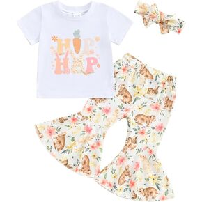 KOSUSANILL Easter Outfit Baby Girl Short Sleeve Crewneck Bunny/Carrot Tshirt Top Rabbit Flower Flared Pants Headband 0-4T