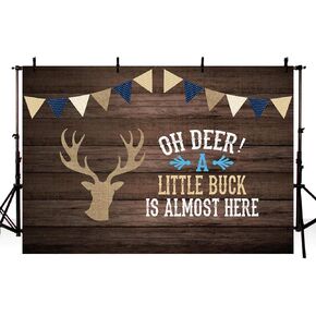 MEHOFOND 7x5ft Oh Deer Boy Baby Shower Gray Rustic Wood Backdrops Birthday Party Decoration A Little Buck is Almost Here Photography Background Deer Baby Shower Decor Cake Table Portrait Photo Props