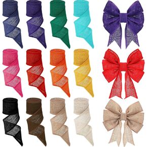 Syhood 12 Rolls Christmas Burlap Wired Edge Ribbons Christmas Tree Fabric Assorted Color for Holiday DIY Craft 273.6 Inch Wide Wrapping Ribbon for Bow Wreaths Making, 2.4 Inch Width