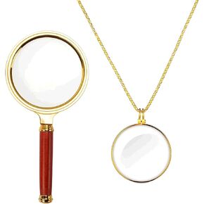 10X Handheld Magnifier Mahogany Handle Magnifier and 5X Necklace Magnifier Reading Magnifying Glass for Reading,Insect Observation, Rocks, Map, Crossword Puzzle,Jewelry