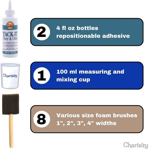 Tacky Glue for Crafts Accessory Bundle, Aleene's Tack It Over and Over Glue, 4 oz (2 Bottles), with 8 Assorted Foam Brushes and 100 ml Plastic Measuring Cup by Charisity, 11 Items in Saudi Arabia