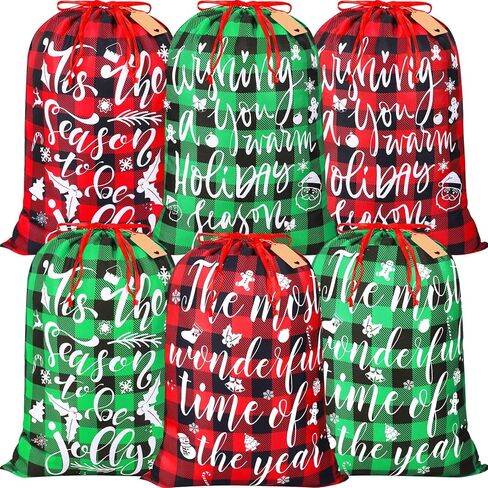6 Pcs 20 x 28 In Christmas Buffalo Plaid Drawstring Bags with Tags Large Xmas Wrapping Bags Reusable Christmas Fabric Bags for Christmas Party Supplies(Black, Red, Green, White) in Saudi Arabia