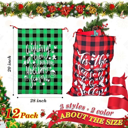 6 Pcs 20 x 28 In Christmas Buffalo Plaid Drawstring Bags with Tags Large Xmas Wrapping Bags Reusable Christmas Fabric Bags for Christmas Party Supplies(Black, Red, Green, White) in Saudi Arabia