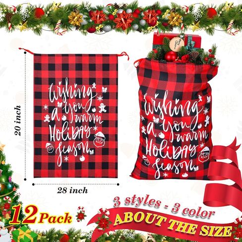 6 Pcs 20 x 28 In Christmas Buffalo Plaid Drawstring Bags with Tags Large Xmas Wrapping Bags Reusable Christmas Fabric Bags for Christmas Party Supplies(Black, Red, Green, White) in Saudi Arabia