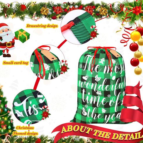 6 Pcs 20 x 28 In Christmas Buffalo Plaid Drawstring Bags with Tags Large Xmas Wrapping Bags Reusable Christmas Fabric Bags for Christmas Party Supplies(Black, Red, Green, White) in Saudi Arabia
