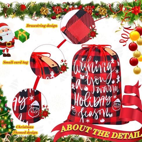 6 Pcs 20 x 28 In Christmas Buffalo Plaid Drawstring Bags with Tags Large Xmas Wrapping Bags Reusable Christmas Fabric Bags for Christmas Party Supplies(Black, Red, Green, White) in Saudi Arabia