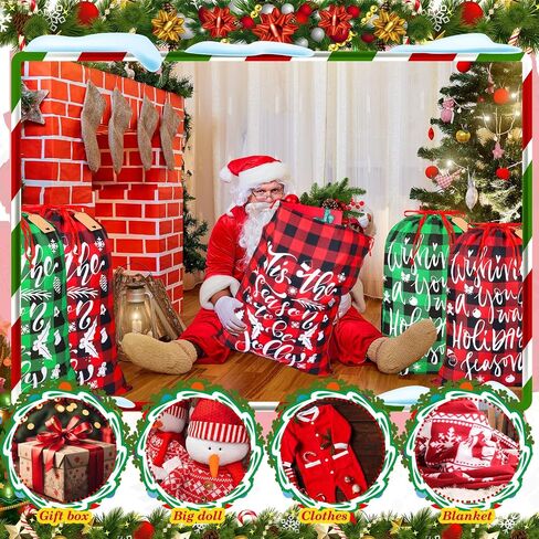 6 Pcs 20 x 28 In Christmas Buffalo Plaid Drawstring Bags with Tags Large Xmas Wrapping Bags Reusable Christmas Fabric Bags for Christmas Party Supplies(Black, Red, Green, White) in Saudi Arabia