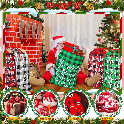 6 Pcs 20 x 28 In Christmas Buffalo Plaid Drawstring Bags with Tags Large Xmas Wrapping Bags Reusable Christmas Fabric Bags for Christmas Party Supplies(Black, Red, Green, White) in Saudi Arabia