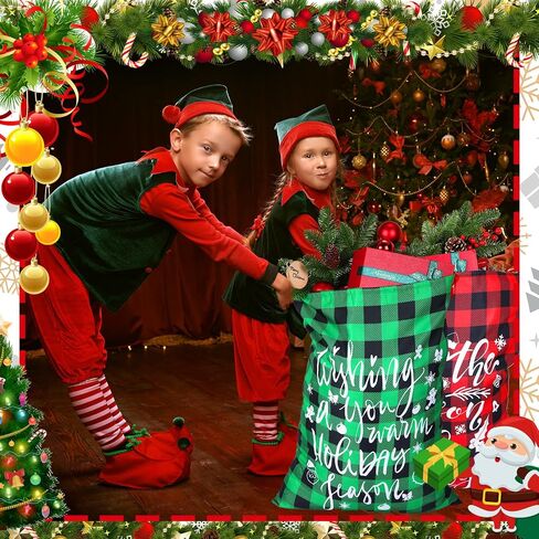 6 Pcs 20 x 28 In Christmas Buffalo Plaid Drawstring Bags with Tags Large Xmas Wrapping Bags Reusable Christmas Fabric Bags for Christmas Party Supplies(Black, Red, Green, White) in Saudi Arabia